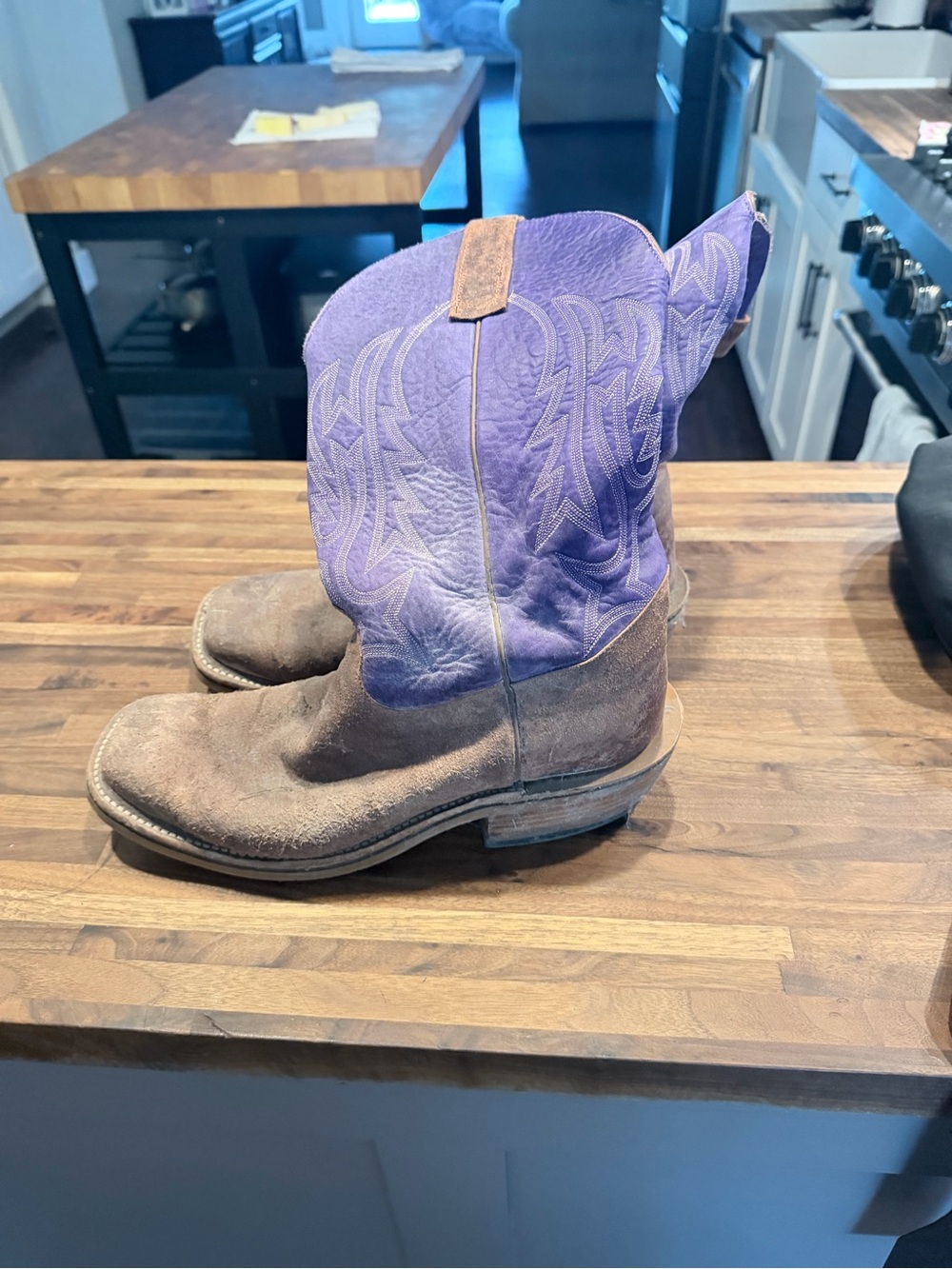 Olathe Boot Co. Purple Shaft Brown Suede Cowboy Boots